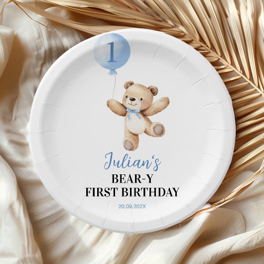 Cute Teddy Bear Blue Balloon Beary Birthday ペーパープレート