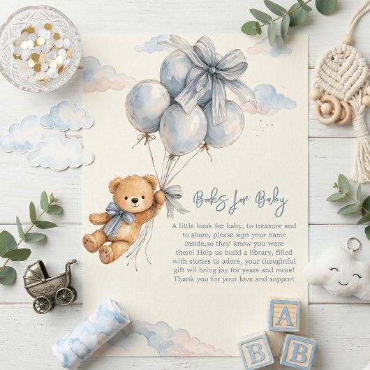 Cute Teddy Bear Blue Balloons Clouds Baby Boy エンクロージャーカード
