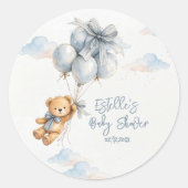 Cute Teddy Bear Blue Balloons Clouds Baby Boy ラウンドシール (正面)