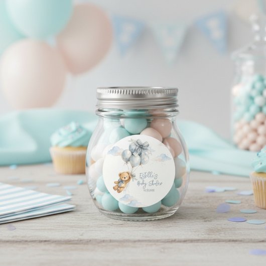 Cute Teddy Bear Blue Balloons Clouds Baby Boy ラウンドシール