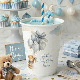 Cute Teddy Bear Blue Balloons Clouds Baby Boy 紙コップ