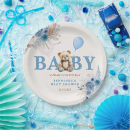 Cute Teddy Bear Blue Boho Floral Boy ペーパープレート