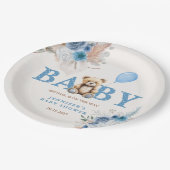 Cute Teddy Bear Blue Boho Floral Boy ペーパープレート (アングル)