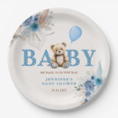 Cute Teddy Bear Blue Boho Floral Boy ペーパープレート (正面)