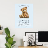 Cute Teddy Bear Blue Boy Baby Shower Welcome Sign ポスター (ホームオフィス)