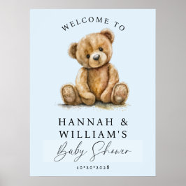 Cute Teddy Bear Blue Boy Baby Shower Welcome Sign ポスター