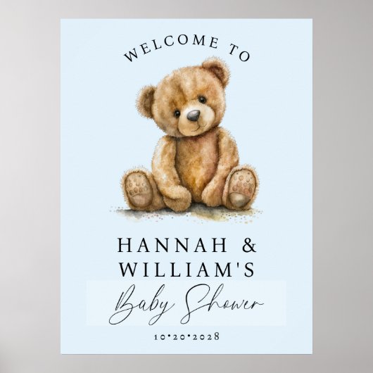 Cute Teddy Bear Blue Boy Baby Shower Welcome Sign ポスター (正面)