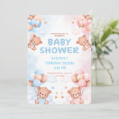 Cute Teddy Bear & Blue Pink Balloon Baby Shower 招待状 (スタンド正面)