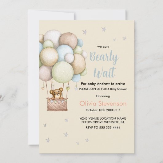 Cute Teddy Bear Boy baby shower 招待状 (正面)