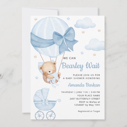 Cute Teddy Bear Boy Blue Bearly Wait Baby Shower 招待状 (正面)
