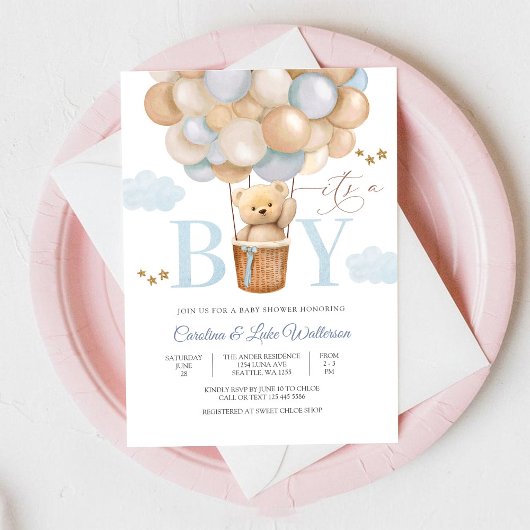 Cute Teddy Bear Boy Shower Invitation 招待状