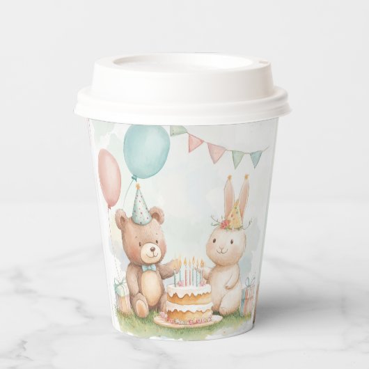 Cute Teddy Bear & Bunny Birthday Paper Cup 紙コップ (正面)