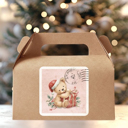 Cute Teddy Bear Christmas Gift Vintage Postage スクエアシール