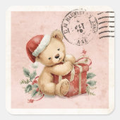 Cute Teddy Bear Christmas Gift Vintage Postage スクエアシール (正面)