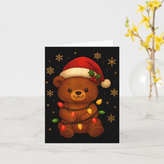 Cute Teddy Bear Christmas Tree Lights Santa Hat Fu カード (黄色い花)