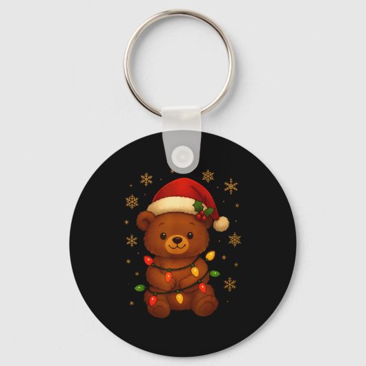 Cute Teddy Bear Christmas Tree Lights Santa Hat Fu キーホルダー (正面)
