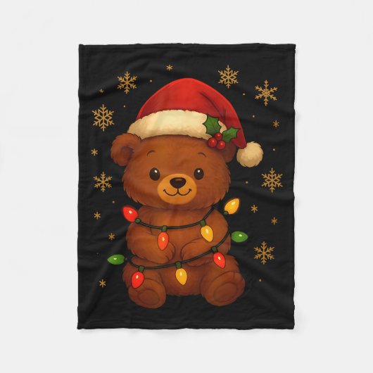 Cute Teddy Bear Christmas Tree Lights Santa Hat Fu フリースブランケット (正面)