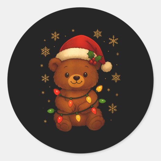Cute Teddy Bear Christmas Tree Lights Santa Hat Fu ラウンドシール (正面)