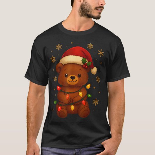 Cute Teddy Bear Christmas Tree Lights Santa Hat Fu Tシャツ (正面)