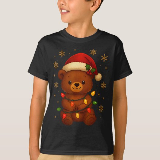 Cute Teddy Bear Christmas Tree Lights Santa Hat Fu Tシャツ (正面)
