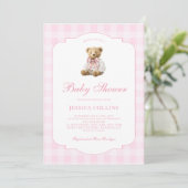 Cute Teddy Bear Coquette Bow Pink Girl Baby Shower 招待状 (スタンド正面)