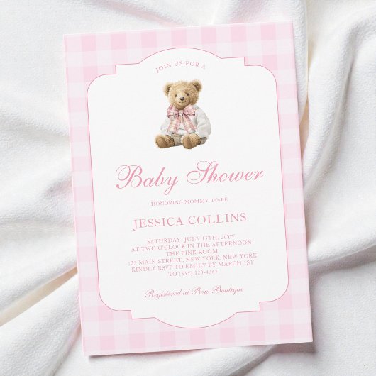 Cute Teddy Bear Coquette Bow Pink Girl Baby Shower 招待状