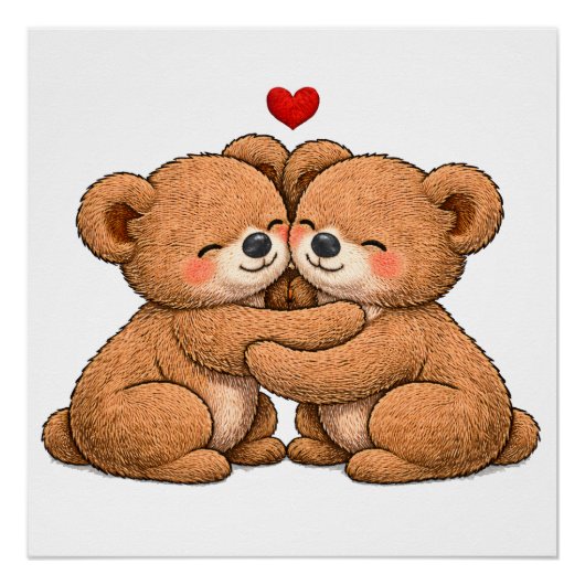 Cute Teddy Bear Couple in Love – Embroidered Style ポスター (正面)
