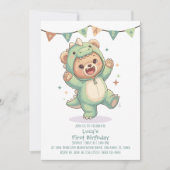 Cute Teddy Bear Dinosaur | Dino Bear 1st Birthday 招待状 (正面)