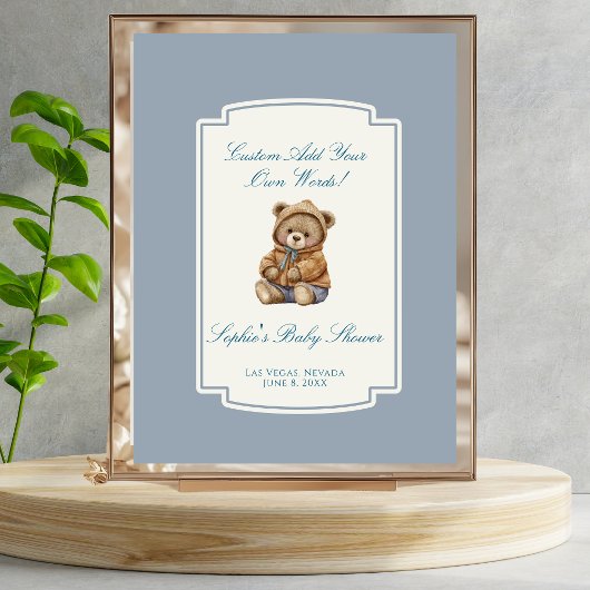 Cute Teddy Bear Dusty Blue Custom Baby Shower Sign ポスター