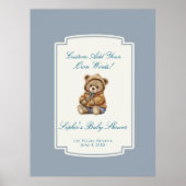 Cute Teddy Bear Dusty Blue Custom Baby Shower Sign ポスター (正面)