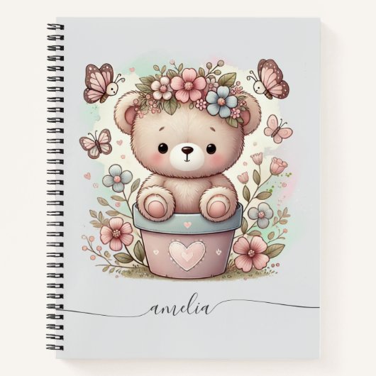 Cute Teddy Bear & Floral Custom Name  ノートブック (正面)
