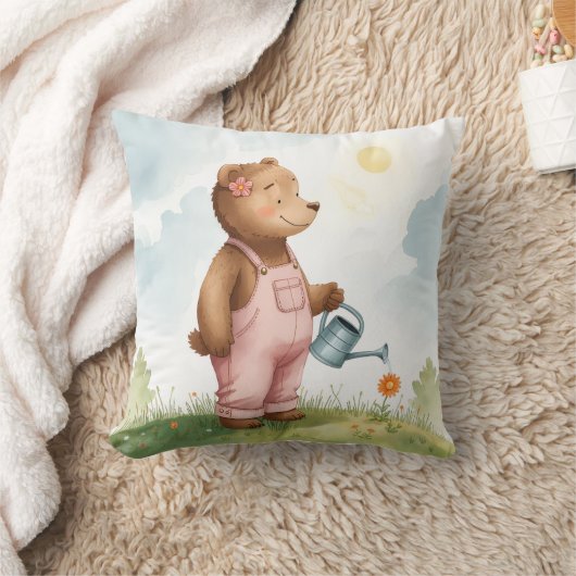 Cute Teddy Bear Gardening Throw Pillow for Kids Nu クッション (ブランケット)
