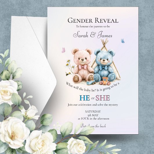 Cute Teddy Bear Gender Reveal Invitation 招待状
