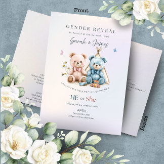Cute Teddy Bear Gender Reveal Invitation 招待状
