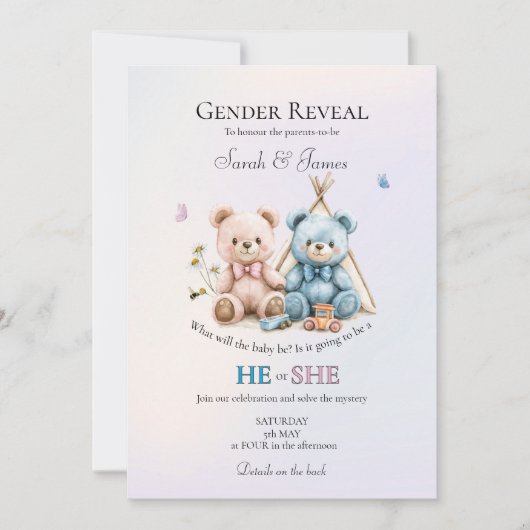 Cute Teddy Bear Gender Reveal Invitation 招待状 (正面)