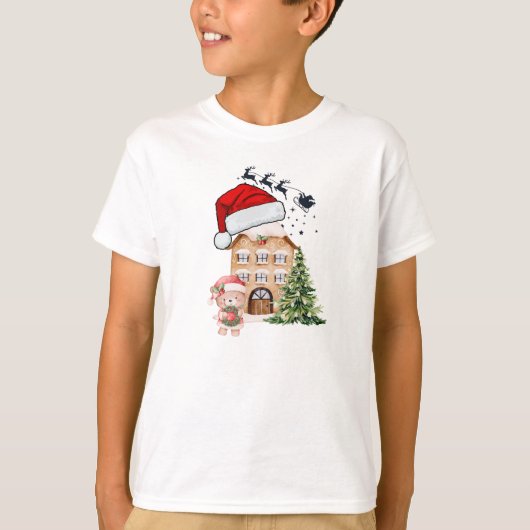 Cute Teddy Bear & Gingerbread House Whimsical Chri Tシャツ (正面)