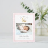 Cute Teddy Bear Gingham Girl Birth Announcement ポストカード (スタンド正面)