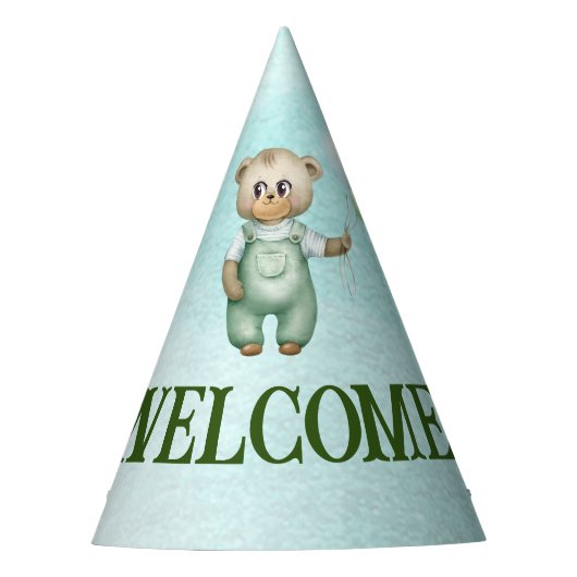 cute teddy bear green background パーティーハット (正面)