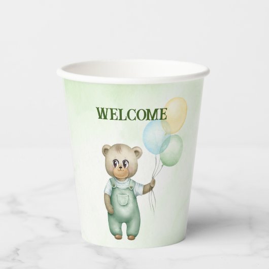 cute teddy bear green background 紙コップ (正面)