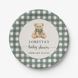 Cute Teddy Bear Green Plaid Baby Shower ペーパープレート