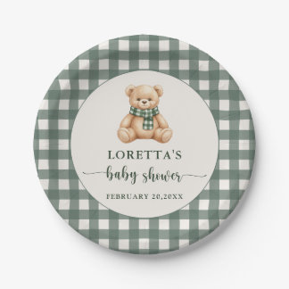 Cute Teddy Bear Green Plaid Baby Shower ペーパープレート