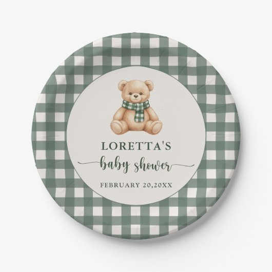 Cute Teddy Bear Green Plaid Baby Shower ペーパープレート (正面)