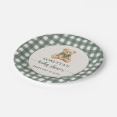 Cute Teddy Bear Green Plaid Baby Shower ペーパープレート (アングル)