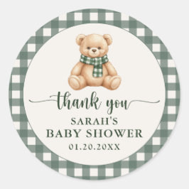 Cute Teddy Bear Green Plaid Baby Shower Thank You ラウンドシール