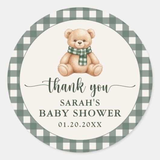 Cute Teddy Bear Green Plaid Baby Shower Thank You ラウンドシール (正面)