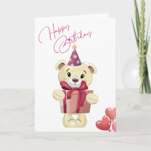 Cute Teddy Bear Happy Birthday Card with Gift カード (正面)
