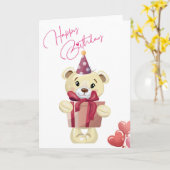 Cute Teddy Bear Happy Birthday Card with Gift カード (黄色い花)