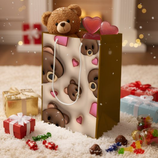 Cute Teddy Bear & Hearts Gift Bag ミディアムペーパーバッグ