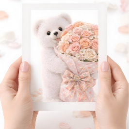 Cute Teddy Bear Holding Blush Peach Rose Bouquet  カード
