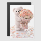 Cute Teddy Bear Holding Blush Peach Rose Bouquet  マグネット招待状 (正面/裏面)